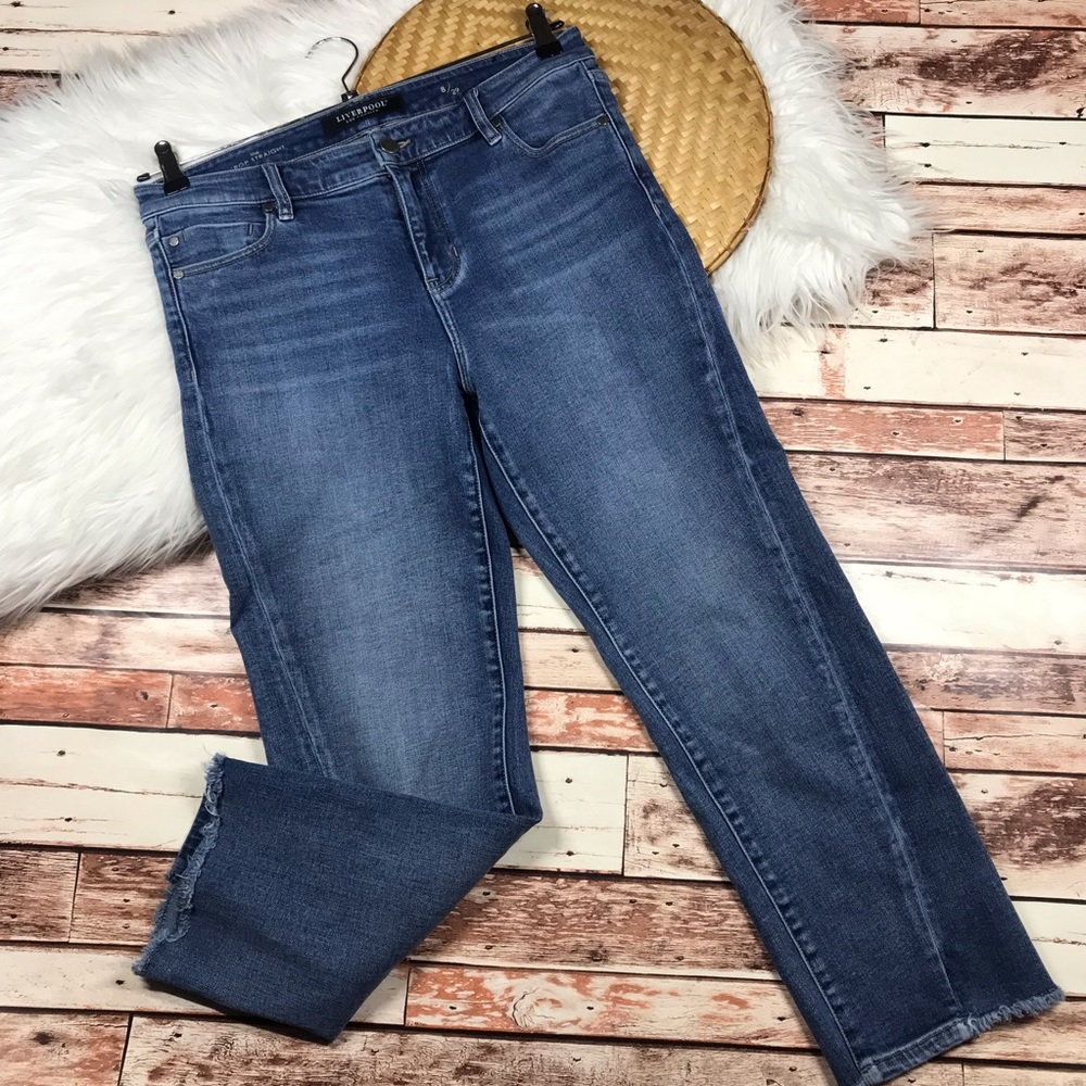 Liverpool straight crop jeans w/ frayed hem